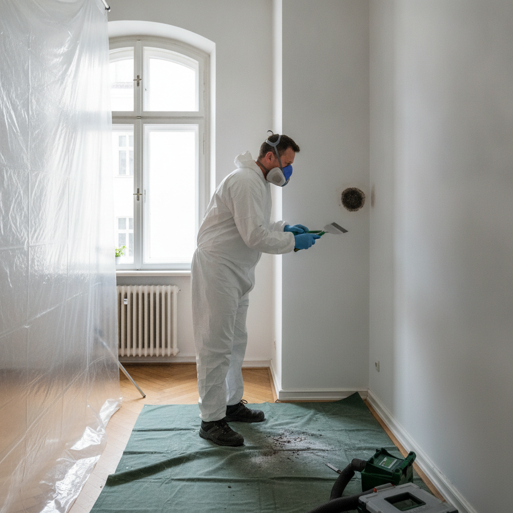 Schimmelsanierung in München — Fachkraft entfernt Schimmel staubdicht in Schutzkleidung